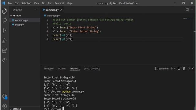 Frequently Asked Python Program - Interview Questions - Find out common letters between two strings