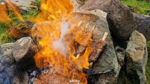 Beef Kebabs Cooked on Stones, ASMR Outdoor Cooking