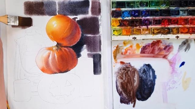 Как нарисовать тыкву акварелью | Хэллоуин | Как нарисовать натюрморт | Акварель для начинающих смотреть онлайн