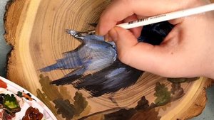 Черный ворон акриловыми красками. Рисунок на спиле дерева. Acrylic drawing.  Full process ?.