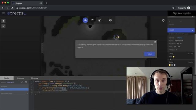 Screeps Tutorial Walkthrough for Beginners - 1. Game UI & Basic Scripting