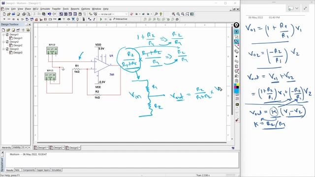 op amp as differential amplifier with simulation in multisim | op amp as subtractor in multisim смотреть онлайн