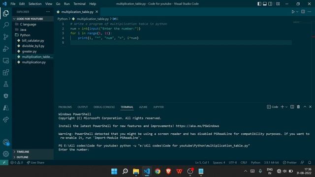 Write a program to print Multiplication table in python, Python Program to print multiplication tab