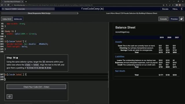 ? Learn HTML & CSS | FreeCodeCamp ? Balance Sheet: Step 56?