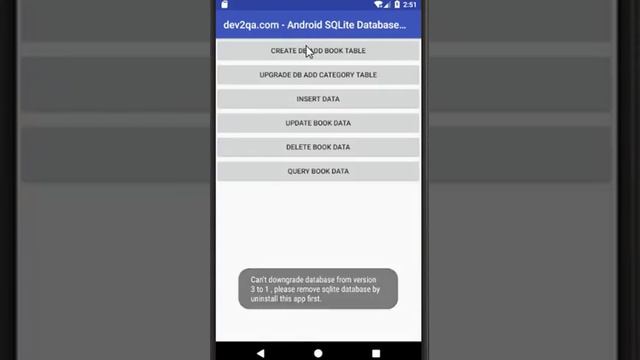 android sqlite database downgrade error