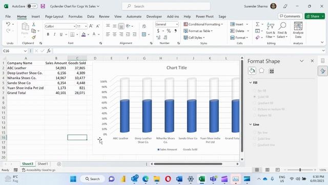 How to create 3D infographic cylinder chart in Excel for Sales Vs Cogs, How to create 3Excel charts