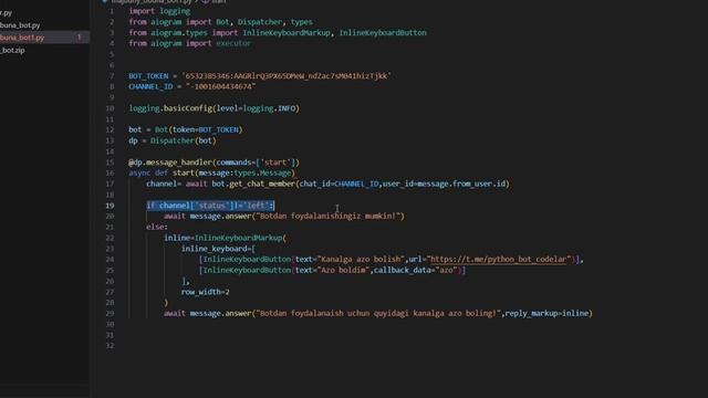 MAJBURIY OBUNA BOT ?. OSSON USULI. PYTHON TELEGRAM BOTLAR.