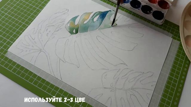 РИСУЕМ МОНСТЕРУ / ТРОПИЧЕСКИЕ ЛИСТЬЯ / АКВАРЕЛЬ