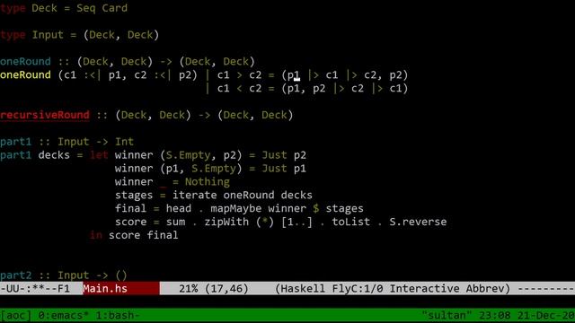 Recursive combat (Advent of Code 2020 day 22, Haskell) смотреть онлайн