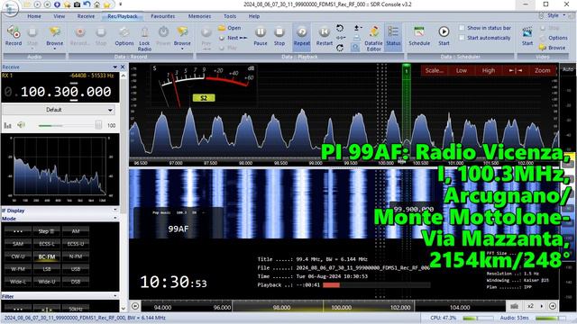 06.08.2024 07:30UTC, [Es], Radio Vicenza, Италия, 100.3МГц, 2154км