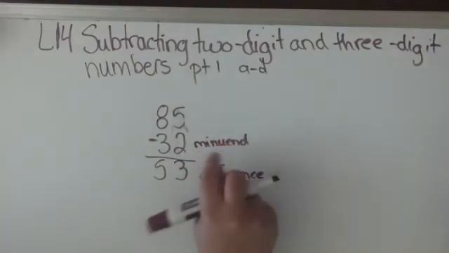 Saxon 4 lesson 14 part 1. Subtracting two-digit and three digit numbers. a-d