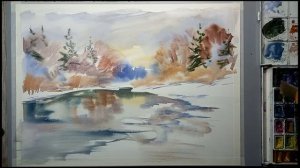 Зимний пейзаж акварелью по-сырому. Мастер-класс для начинающих