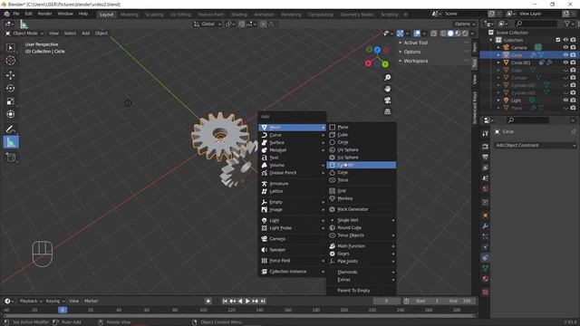 шестеренки в Blender 3d + анимация вращения