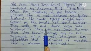 class-12, central idea/Aunt Jennifer's tigers, composed by Adrienne rich...