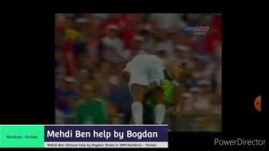 Tunisian Mehdi Ben Slimane  help by  Bogdan Stelea in 1998 , România - Tunisia  football match