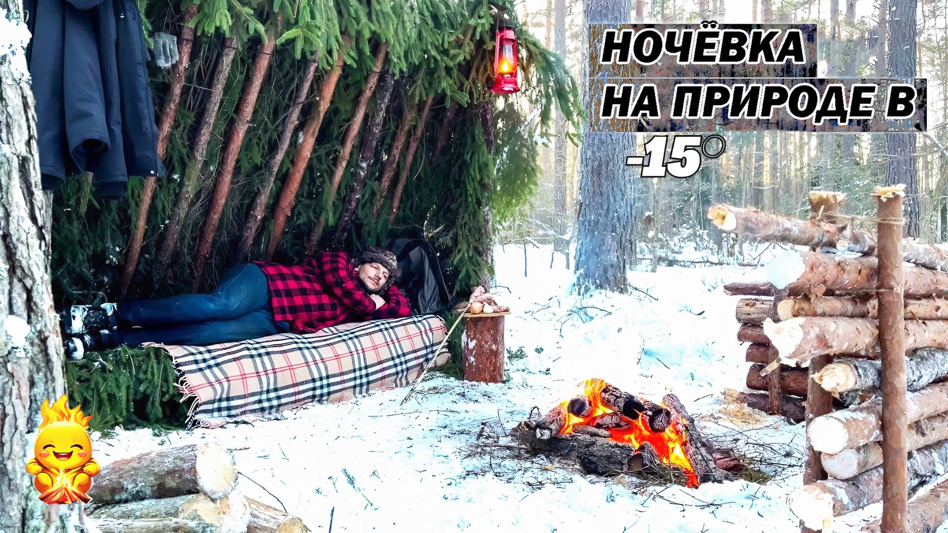 Зимнее убежище гарантирует выживание в диком лесу! БУШКРАФТ в -15 градусов | АСМР смотреть онлайн