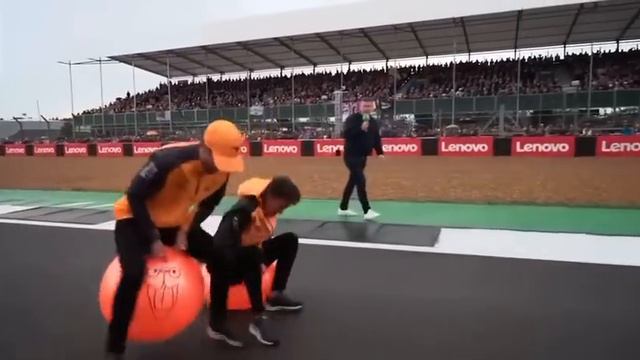 Daniel Ricciardo wiping Lando Norris out with a space hopper - full video