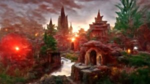 "The Valley of Temples in an amzing fantasy world | unreal engine |reddish glow|by thomas kinkade|"