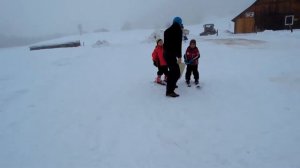 Stephane pulling Leon and Wenzel on skis