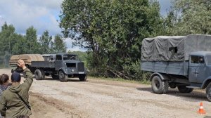 Проход колонн немецкой техники и пехоты на съемках фильма "Василий Теркин".
