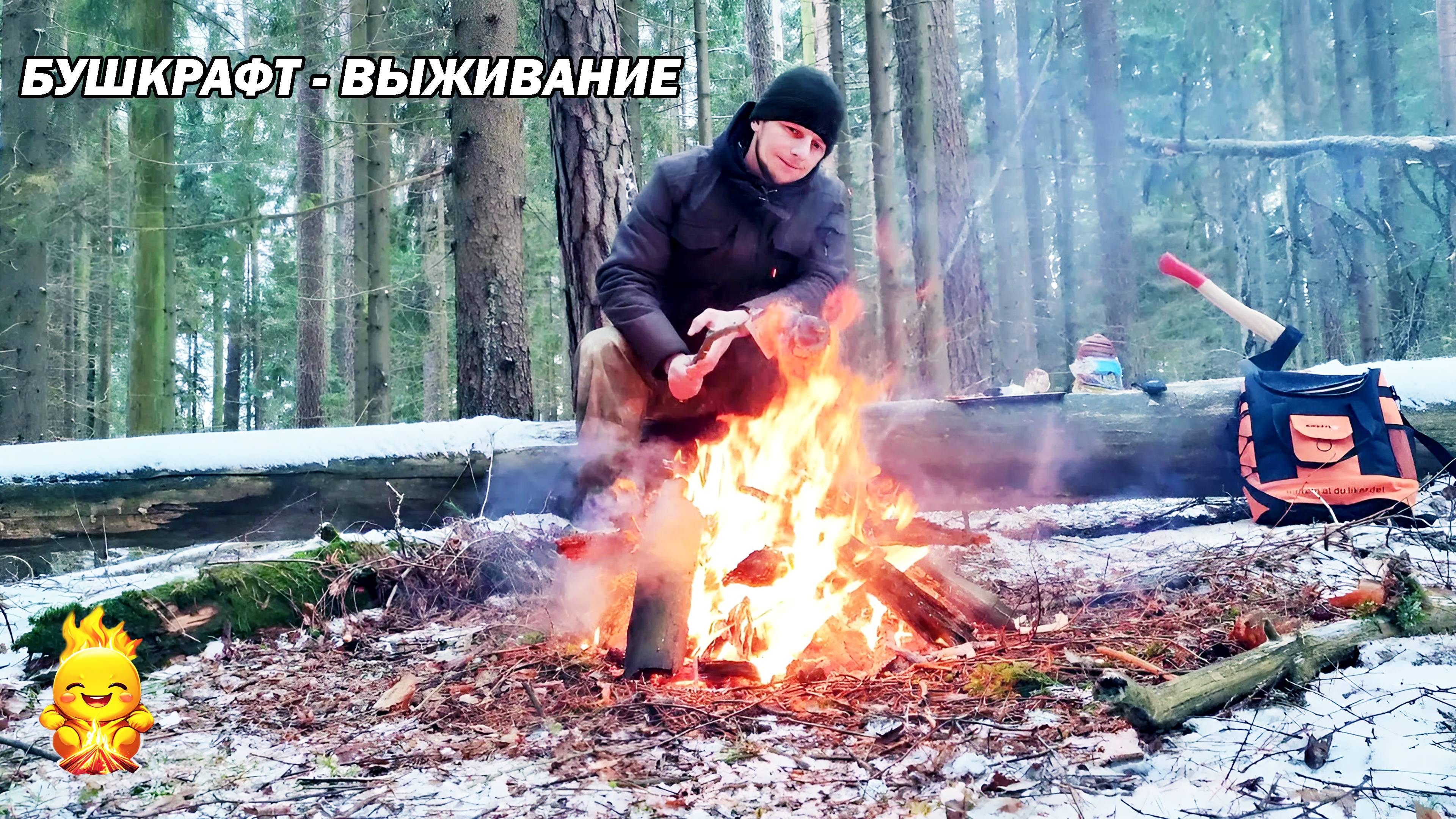 БУШКРАФТ-КЕМПИНГ в зимнем лесу | Разжигание костра | Готовка на природе | Примитивные навыки АСМР смотреть онлайн
