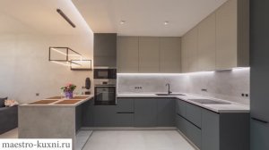 Большая кухня с полуостровом и встроенной техникой в пенал