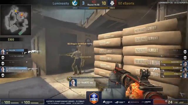 CS:GO - Luminosity fnx INSANE 4k clutch vs G2 Esports  @ECS Final 1