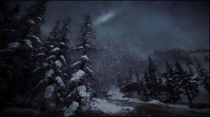 Зимний лес у реки со звуками вьюги и снежным ветром под северным сиянием