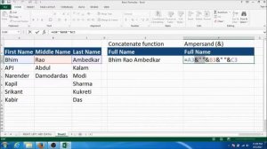 Excel Concatenate : How to combine firstname lastname and middlename