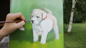 Процесс создания картины маслом на холсте "Щенок и бабочка"
