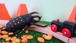 Буба на паровозе. Деревянная железная дорога. Жук на дороге