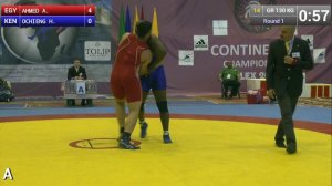 Round 1 GR - 130 kg: A. AHMED (EGY) df. H. OCHIENG (KEN) by FALL, 10-0