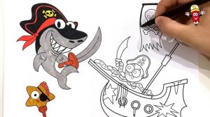 PIRATE SHARK Drawing and Coloring Pages | How to draw and color Pirate Shark | Interactive