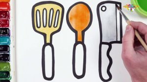 Нарисуйте и раскрасьте набор кухонных приборов из 3 предметов! Для детей младшего возраста! Как рисо