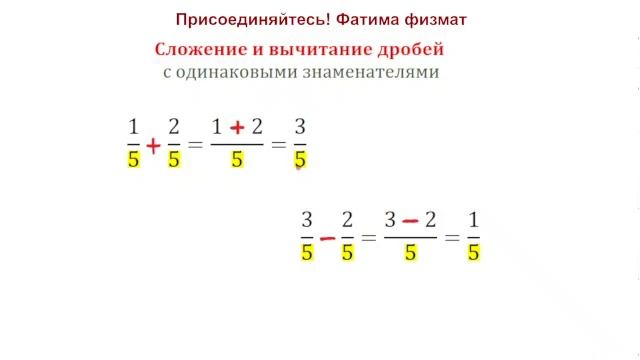 Сложение и вычитание дробей с ОДИНАКОВЫМИ знаменателями смотреть онлайн