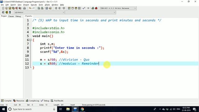 #6 - Time Conversion Program - Modulus Operator - C language - DevC/C++