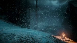 Темный зимний лес с прекрасными звуками метели и теплым костром.