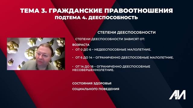 [Лекция 10] ГРАЖДАНСКОЕ ПРАВО. Общая часть. Тема 3_ Гражданские правоотношения. Дееспособность