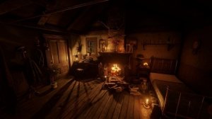 Уютный домик с теплым камином и звуками дождя с редким раскатом королевского грома.