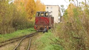 Каринская УЖД, разъезд Новый, прибытие поезда и переприцепка тепловоза, 16 октября 2016 г.