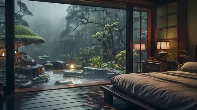 Hours Relaxing Sleep Music with Rain Sounds - Peaceful Music in the Warm Bedroom, Stress Relief