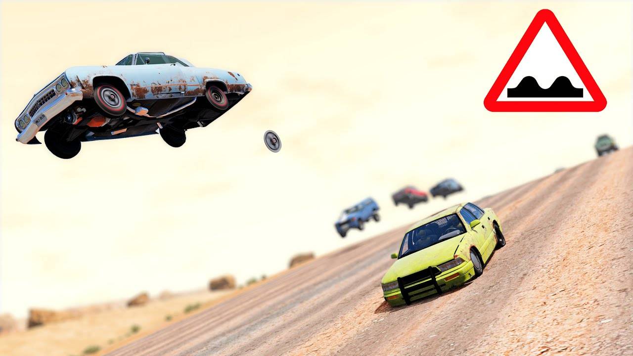 BeamNG Drive - Гонки и аварии На Длинной Волнистой Дороге в Пустыне
