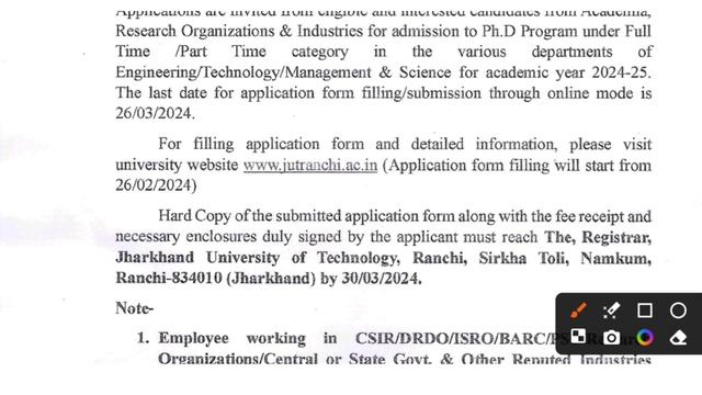 jharkhand PhD Addmission 2024-25 Latest Update / JUT Part Time PhD Program Admission details