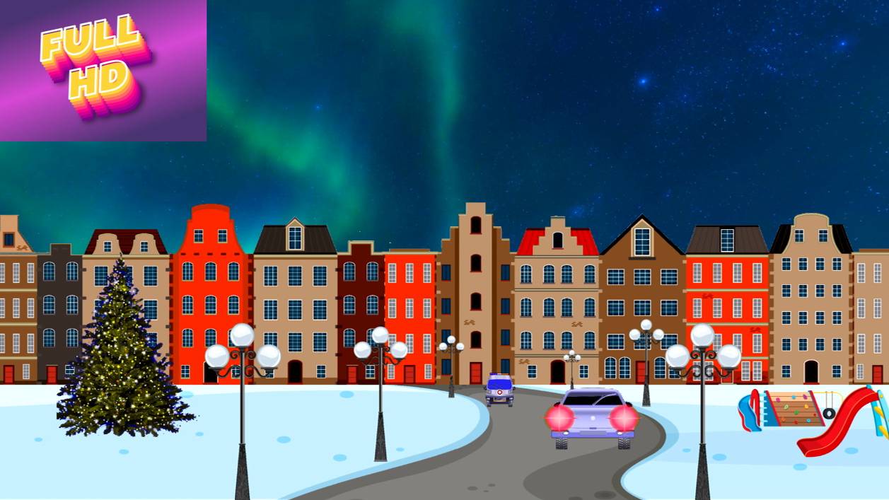 Анимационный фон "Зимний город". Cartoon background "Winter town".