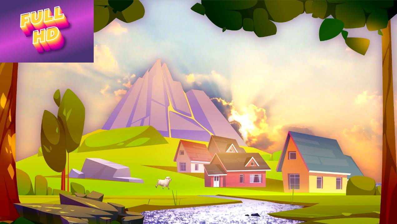 Анимационный фон "Горная деревушка". Cartoon background "Mountain village".