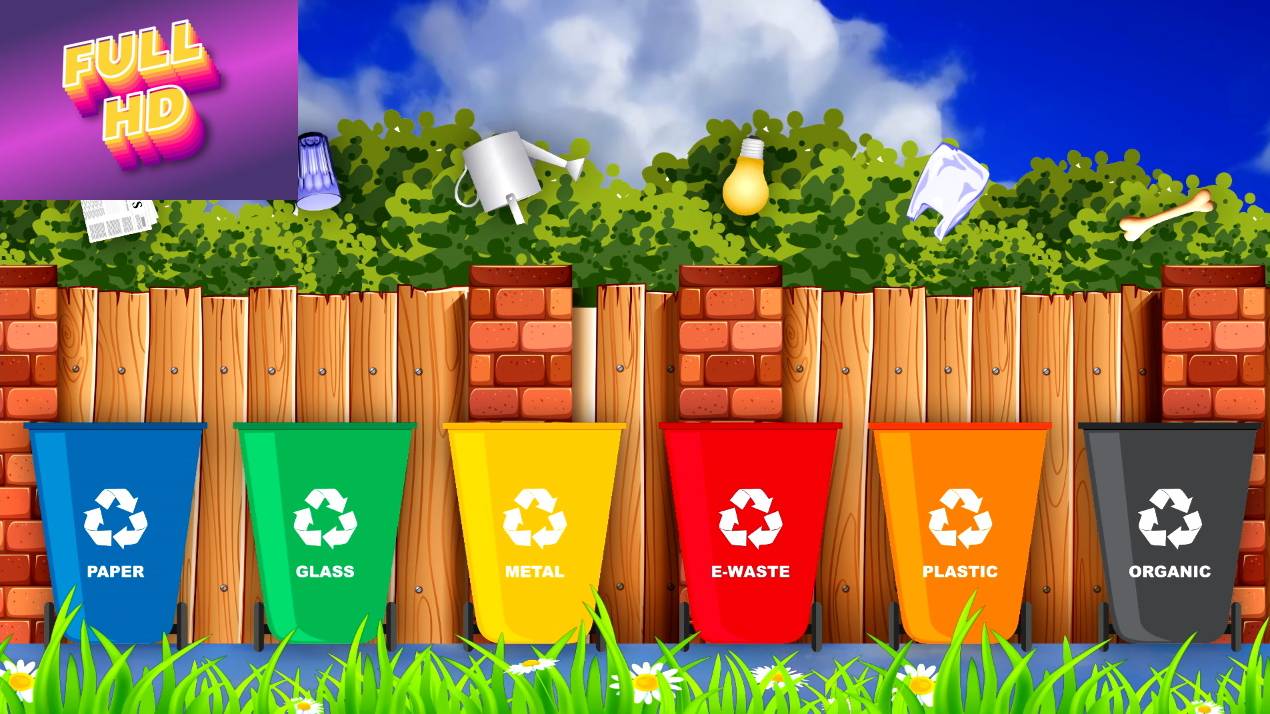 Анимационный фон "Раздельный мусор". Cartoon background "Recycling bins".