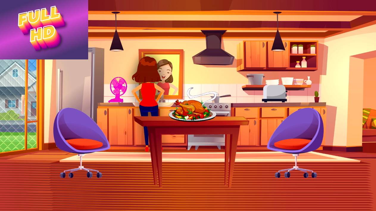 Анимационный фон "На кухне". Cartoon background "In the kitchen".