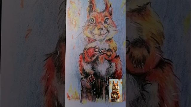 Белочка цветными карандашами.