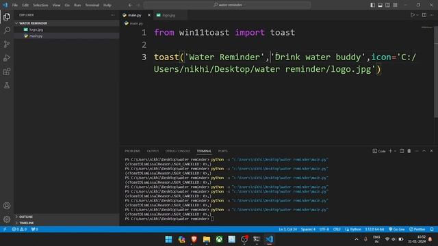Python programming Water Notification 2024 | Water reminder python application