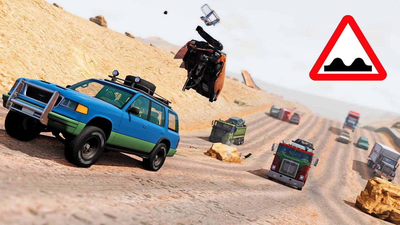 BeamNG Drive - Гонки и аварии На Длинной Волнистой Дороге в Пустыне